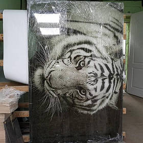 Интерьерное стеклянное панно с фотопечатью черно-белого изображения тигра 2