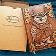 Щоденник А5 формату в шкіряній обкладинці c художнім об'ємним тисненням ручної роботи "Сова стімпанк", фото 7