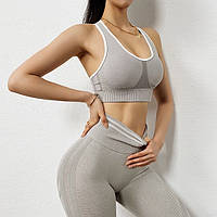 Спортивный костюм женский для фитнеса. Комплект топ, леггинсы, фитнес костюм, размер S (серый)