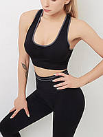 Спортивный костюм женский для фитнеса. Комплект топ, леггинсы, фитнес костюм, размер S (черный)