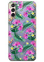 Прозрачный силиконовый чехол iSwag для Samsung Galaxy S21 Plus с рисунком - Тропические цветы (KS11004)