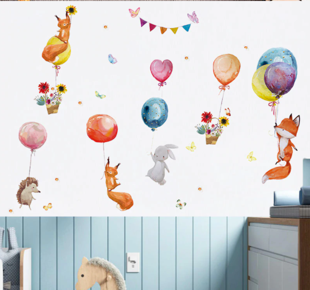 Наклейка на стіну, шафу, двері, вікна в дитячу "звірята на повітряних кульках!  110*107см" (лист 60*90см)