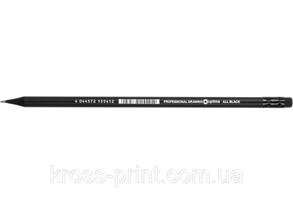 Олівець чорнографітний Optima All BLACK HB корпус чорний, заточений, з гумкою