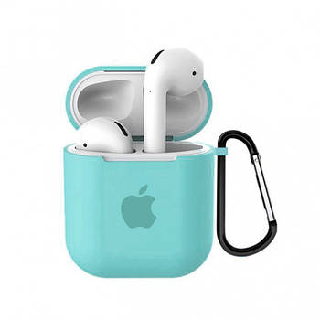 Чохол для AirPods Logo Silicone case з карабіном (02) Sea Blue бірюза