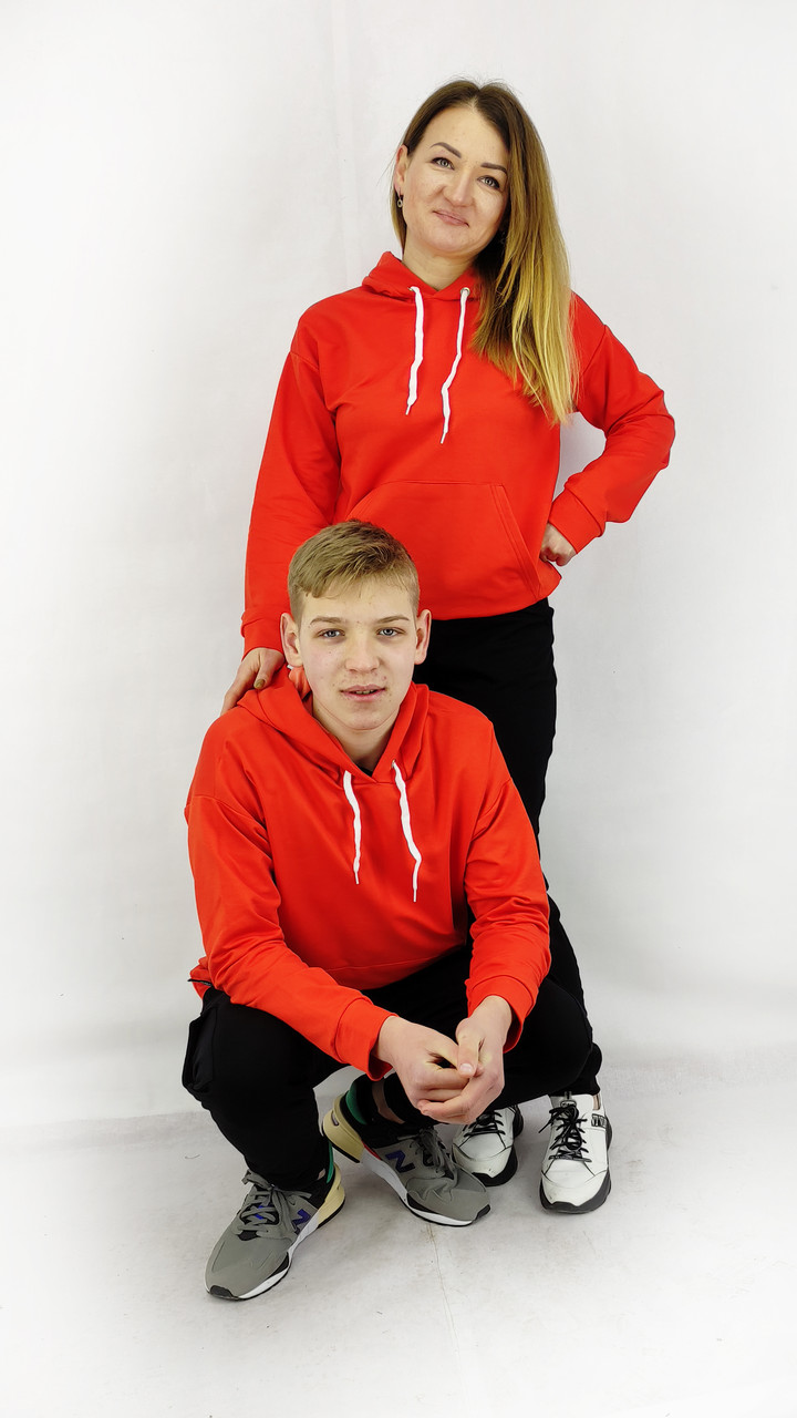 Кофта двунитка унісекс пара Помаранчевого кольору з капюшоном та карманом S,M,L,XL,XXL