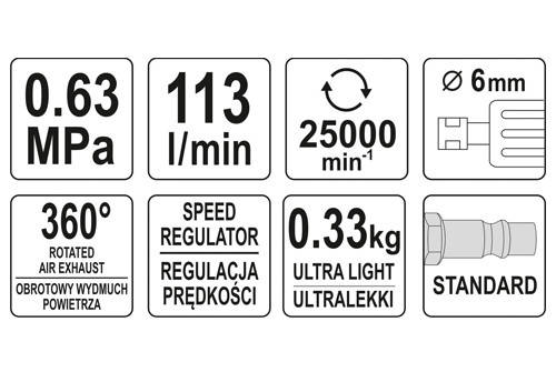 ПРЯМА ПНЕВМАТИЧНА ШЛІФУВАЛЬНА МАШИНА YATO 1/4" 25000 ОБ/ХВ 113 Л/ХВ, фото 5