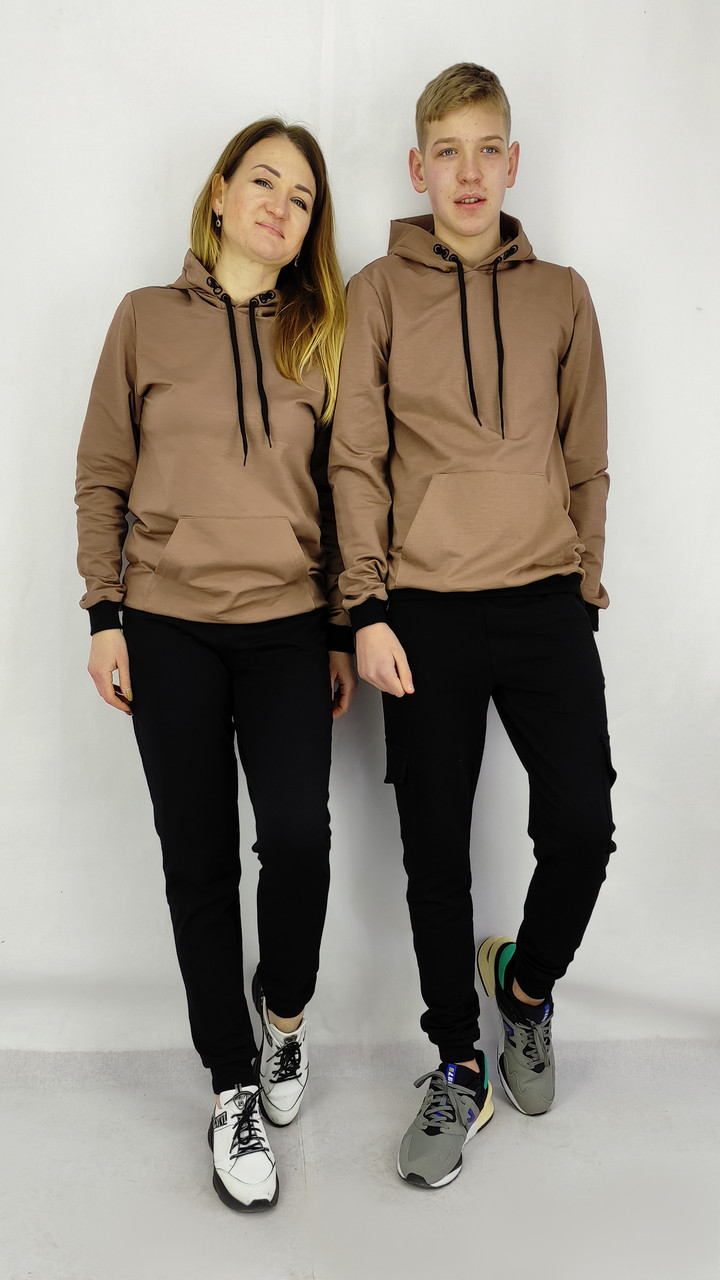 Кофта двунитка унісекс пара кольору Мокко з капюшоном та карманом S,M,L,XL,XXL