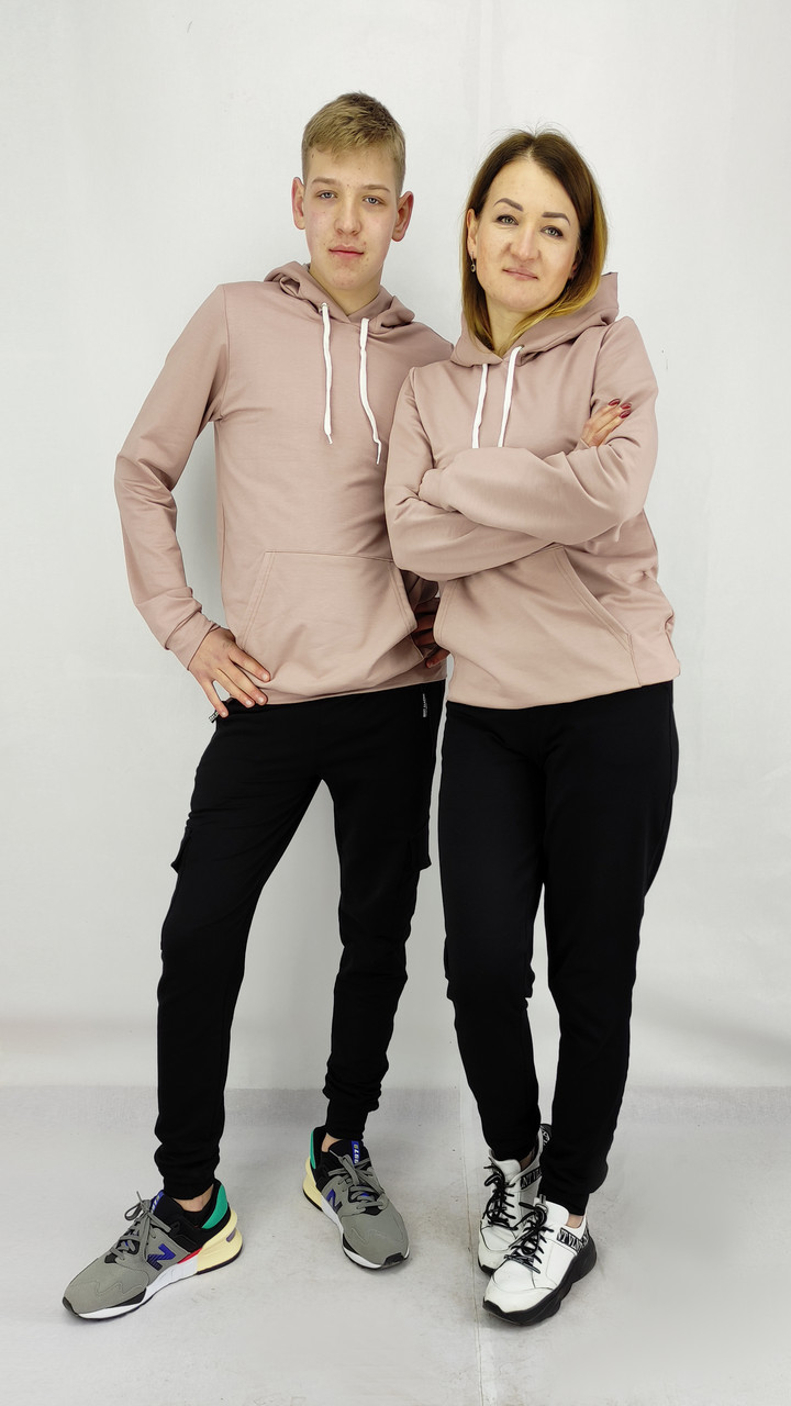 Кофта двунитка унісекс пара Беживого кольору  з капюшоном та карманом S,M,L,XL,XXL
