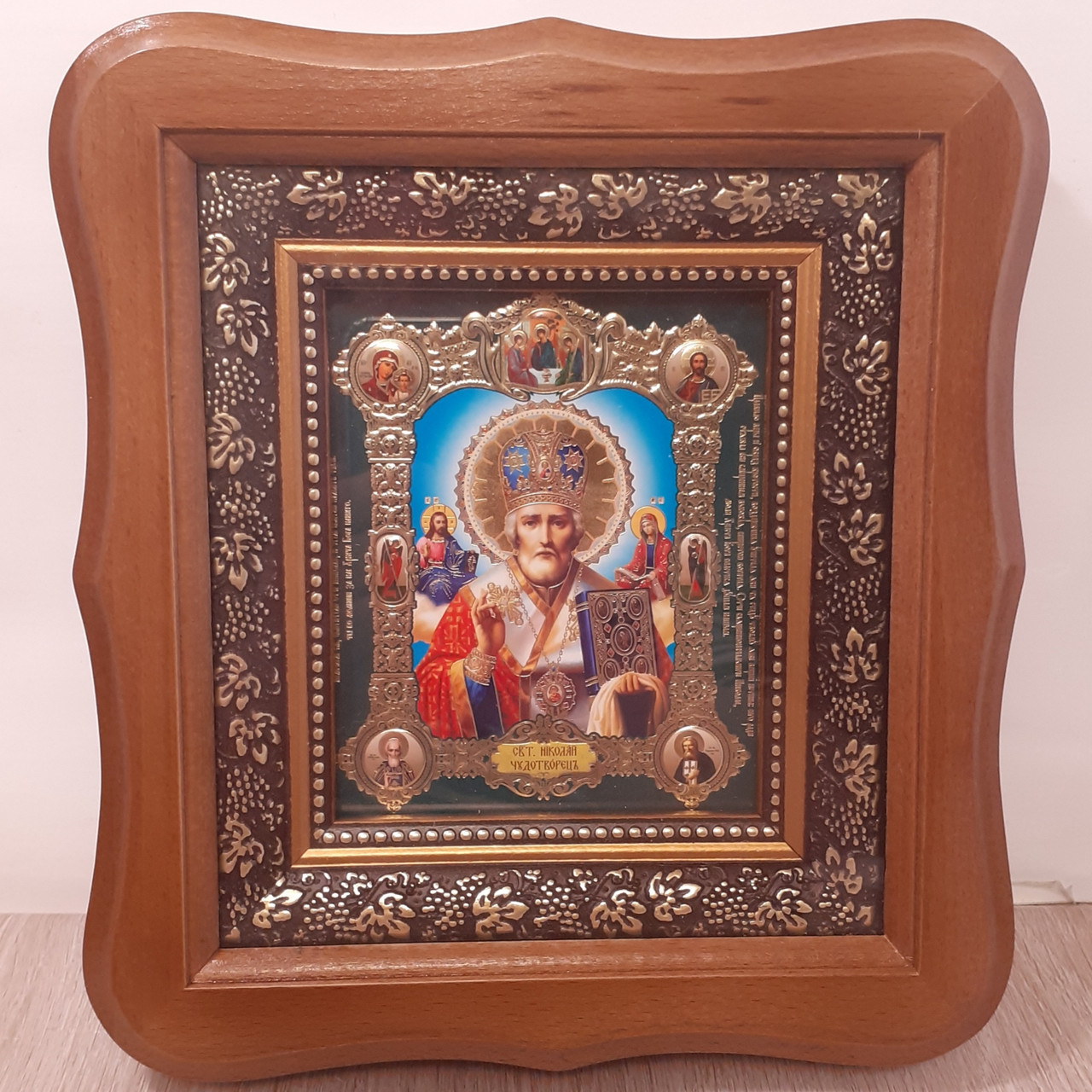 Ікона Микола Чудотворець святий, лик 10х12 см, у світлому дерев'яному кіоті