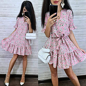 Літнє плаття під пояс у квітковий принт із розкльошеною спідницею та оборками (р. S-L) 9py2249