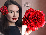 Об'ємна квітка червона заколка для волосся ручної роботи "Червона півонія"
