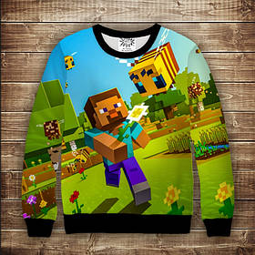 Світшот з 3D принтом Minecraft. Майнкрафт. Стів та бджола ВСІ Розміри