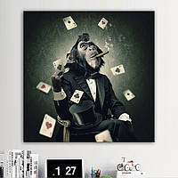 Квадратна вінтажна картина для сучасного інтер'єру Мавпа грає в покер, Monkey poker