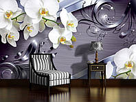 Флізелінові 3D фотошпалери квіти в інтер'єрі спальні 254 х 184 см Яскраві орхідеї (2159V4)+клей