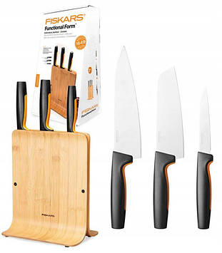 Набір кухонних ножів Fiskars 1057553 Functional Form ™ 3 шт з бамбуковим блоком