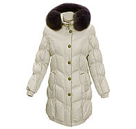 Пуховик пальто жіночий, натуральний пух, хутро, капюшон Mirage Молочний Розмір 44
