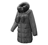 Пуховик пальто женский, натуральный пух, натуральный мех, капюшон Mirage Темно-серый