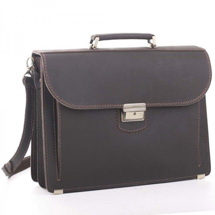 Діловий чоловічий шкіряний портфель ручної роботи з плечовим ременем. Колір коричневий, фото 1