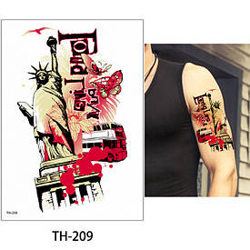 Флеш Тату. 21*15 См. Тимчасова. Перевідна. Вовки, Собаки, Нью-Йорк, Акварельнийний Стиль, Th-209 (S), Кольорові