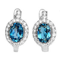 Сережки натуральний природний Блакитний Топаз (LONDON BLUE TOPAZ) (Африка) + CZ. Срібло 925, позолота 14 каратів