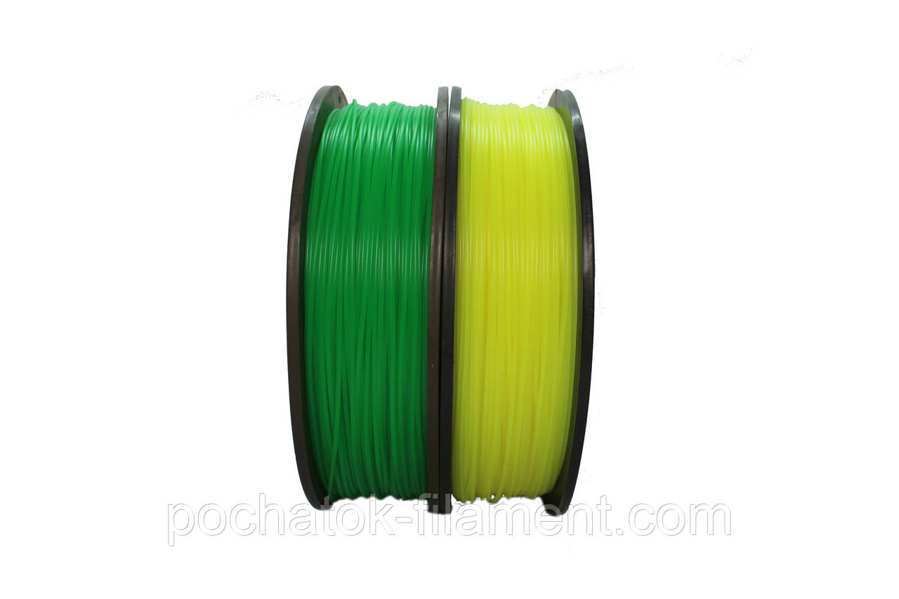 Набір 2в1 PLA філамент пластик для ЗD друку Pochatok Filament 1,75 мм. 0,75 кг. Зелений та Жовтий флуоресцентний, фото 1