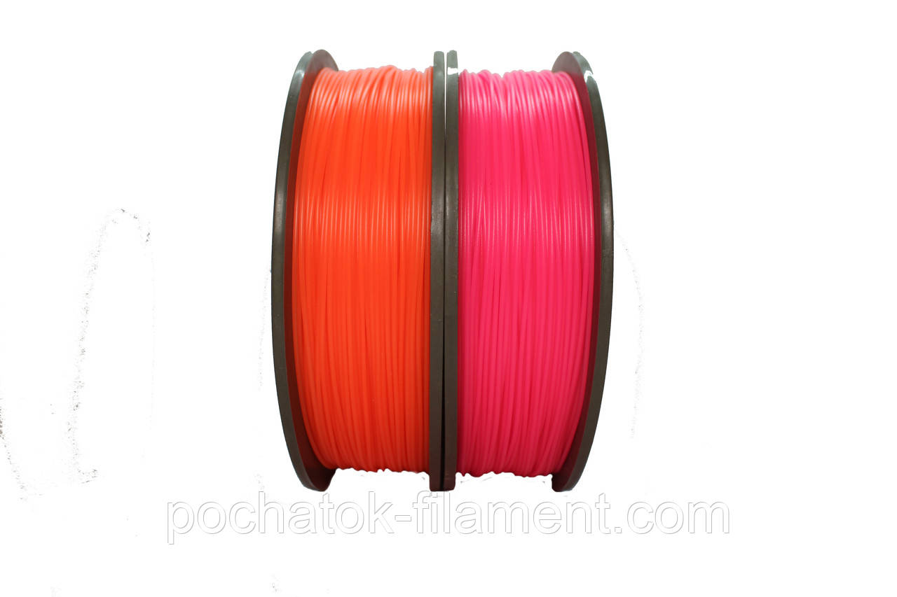 Набір 2в1 PLA філамент пластик для ЗD друку Pochatok Filament 1,75 мм. 0,75 кг. Помаранчевий та Рожевий флуоресцентний, фото 1