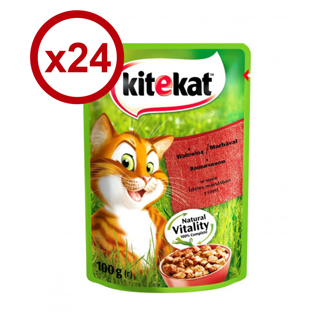 Kitekat 100 г*24 шт. паучі для кішок із яловичиною в соусі