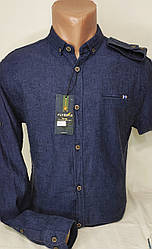 Чоловіча сорочка Fly Boys vd-0006 синя приталені однотонна Туреччина ошатна льон стильна XL