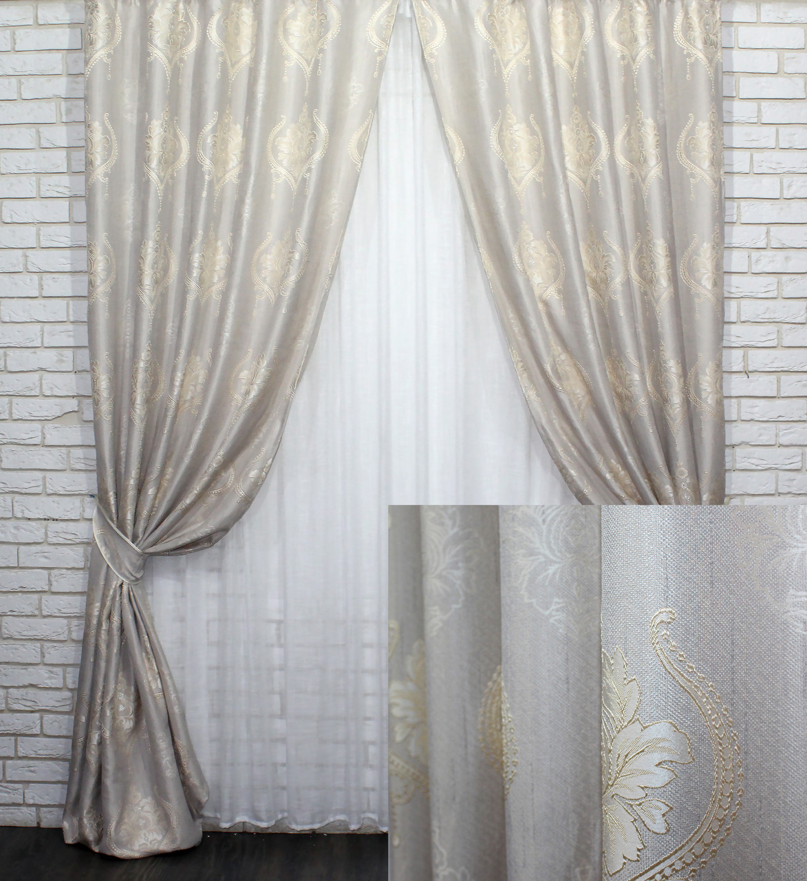 Штори (2шт. 1,5х2,5м.) із щільної тканини льон, колекція "Корона Марія". Колір сірий з молочним. Код 677ш 39-728, фото 1