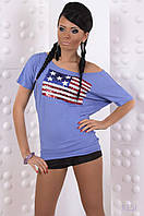 Свободная футболка женская на одно плечо с американским флагом, фиолетовая, размер 42/46