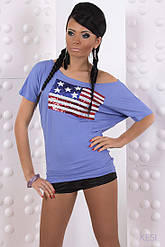 Вільна футболка жіноча на одне плече з американським прапором, фіолетова, розмір 42/46