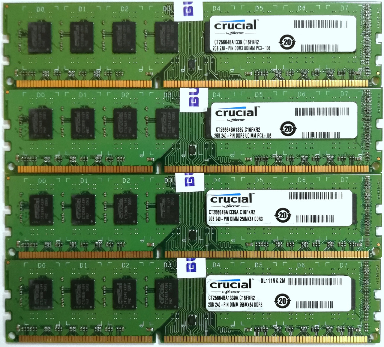 Комплект оперативної пам'яті Crucial DDR3 8Gb (4*2Gb) 1333MHz PC3 10600U 2R8 CL9 (CT25664BA1339.C16FKR2) Б/В