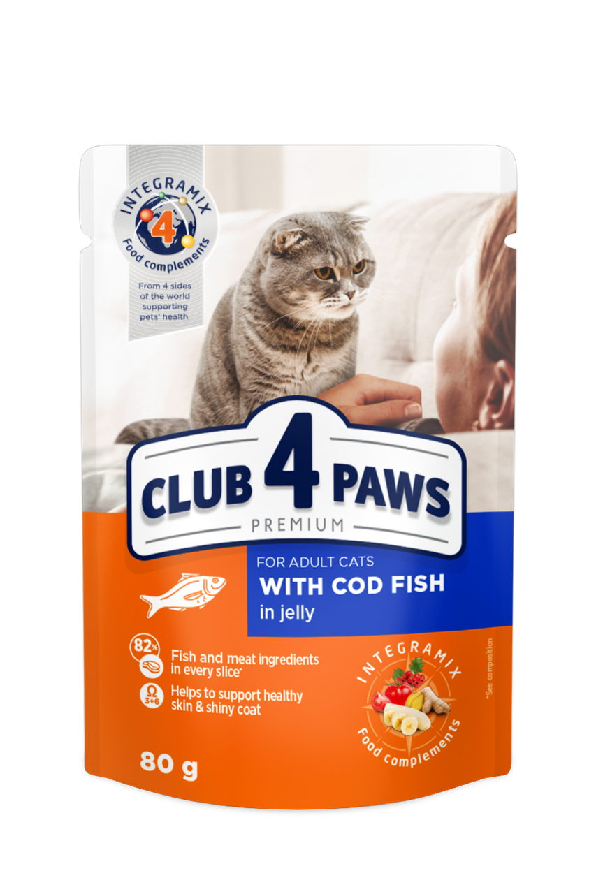 Club 4 Paws Premium Клуб 4 лапи вологий корм для котів із тріскою в желе 80 ГР х 24 ШТ