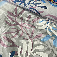 Бавовняна тканина з листям і смугами на сірому, ширина 220 см