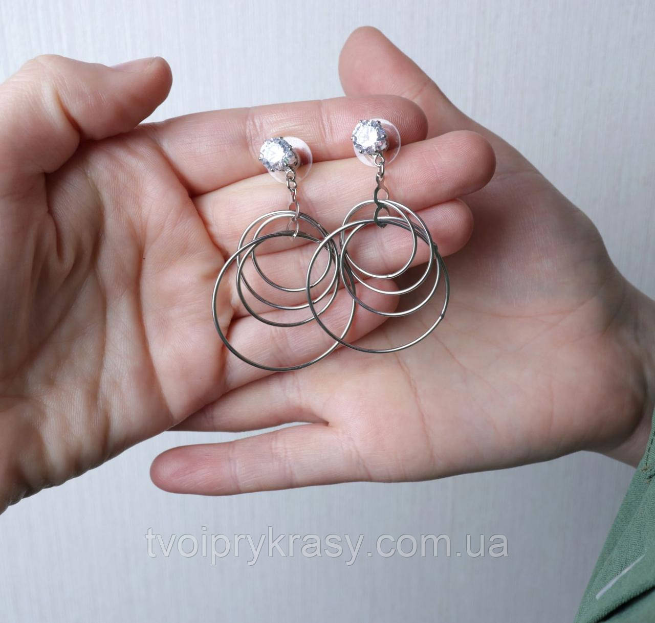 Сережки "4 кільця", з цирконом. Біжутерія., фото 1