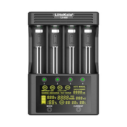 Універсальний зарядний пристрій Liitokala Lii-600, 4 канали, Ni-Mh/Li-ion, 220V/12V, Test, LCD, сенсорний, фото 1