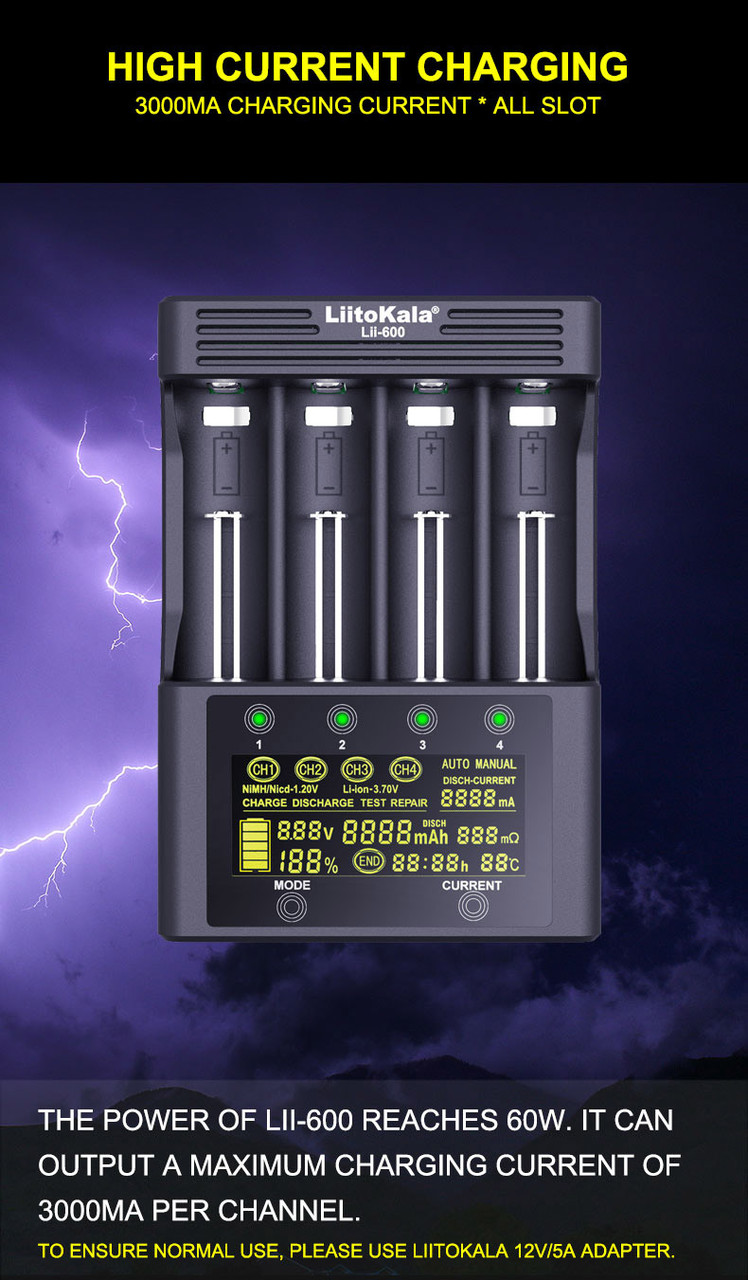 Универсальное зарядное устройство Liitokala Lii-600, 4 канала, Ni-Mh/Li-ion, 220V/12V, Test, LCD, сенсорное - фото 6 - id-p1384498824