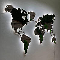 Карта Мира с подсветкой, гравировкой названий стран и границ, стабилизированный мох M-150x90 см