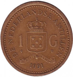 Монета 1 гульден. 1990,91 рік, Нідерландські Антильські острови.