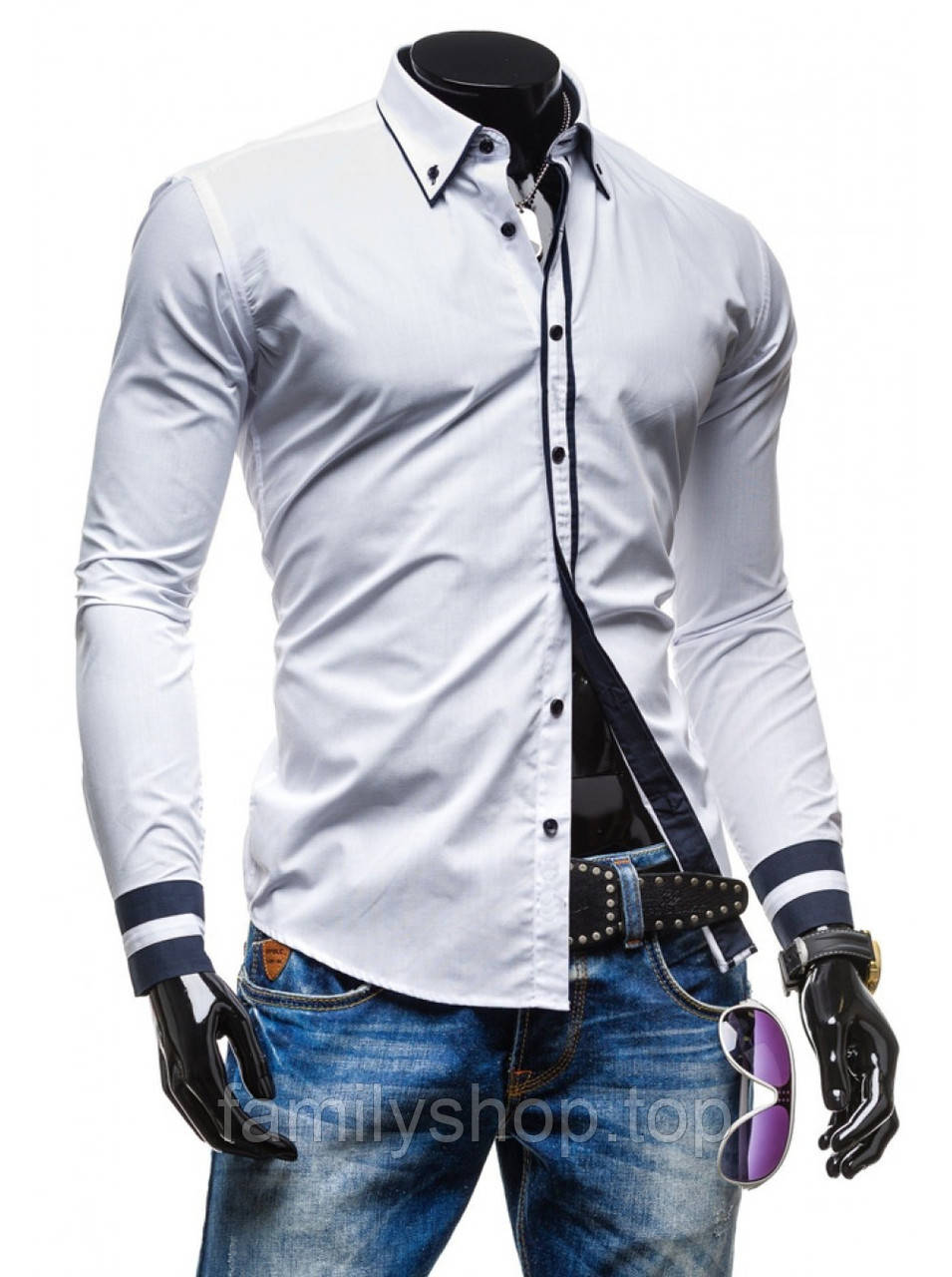 Сорочка чоловіча із синіми вставками, розміри S, M, L, XL, колір білий