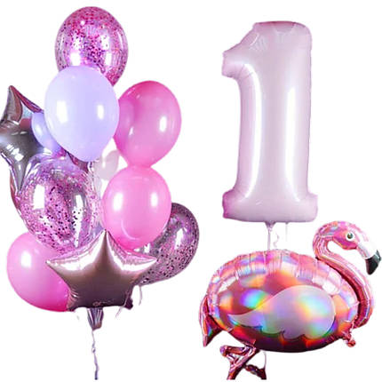 Кульки на день народження дівчинці з фольгированной фігурою фламінго і кулька цифра 1, фото 2