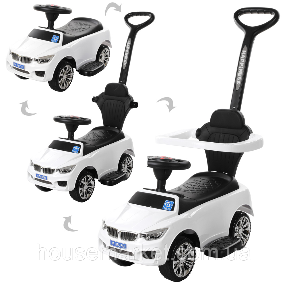 Дитяча каталка-толокар, Bambi M 3503B-1, 2в1 (рід.ручка), помуз, освітлення, підст. для ніг, на бат-ку, білий - фото 1 - id-p1384842326