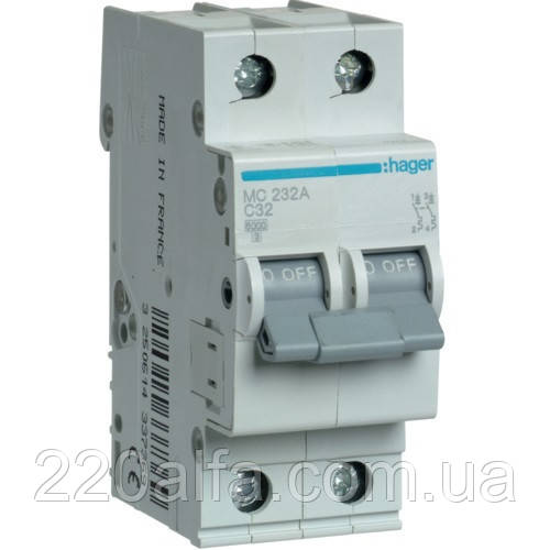 Автоматичний вимикач Hager 2P 6kA C-32A 2M, фото 1