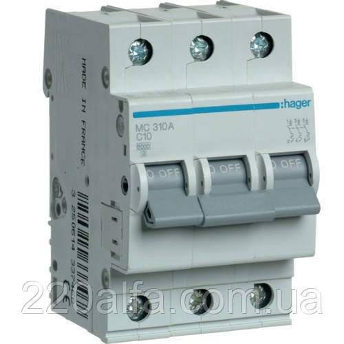 Автоматичний вимикач Hager 3P 6kA C-10A 3M, фото 1
