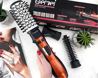 Фен-щітка для укладання волосся Gemei GM-4828 — обертовий повітряний стайлер гребінець фен браш із трьома насадками