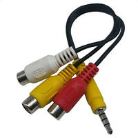 Кабель DC3.5 (тато) => 3хRCA (мама), Jack3.5мм, CU, круглий, Black, 0,1 м, (Пакет) Q500