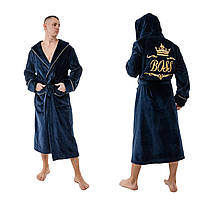 Мужской банный халат с капюшоном на запах с индивидуальной вышивкой. Цвет: темно-синий
