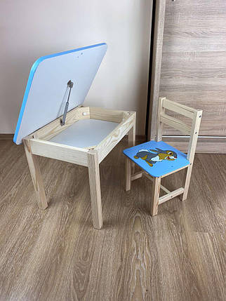 Дитячий блакитний столик з відкидною стільницею та зі стульчиком, фото 1