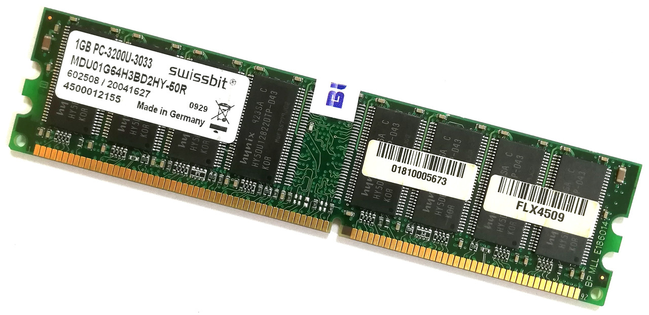 Оперативна пам'ять для комп'ютера Swissbit DDR 1Gb 400MHz PC-3200U CL3 2.6 V (MDU01G64H3BD2HY-50R) Б/В