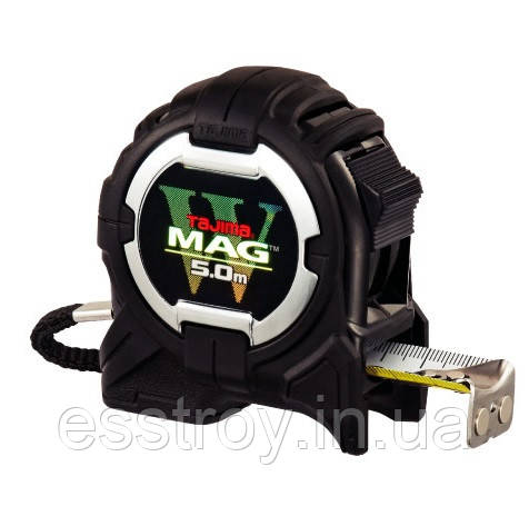 Рулетка с магнитным корпусом и зацепом W-MAG 5м/25мм, ударопрочная TAJIMA